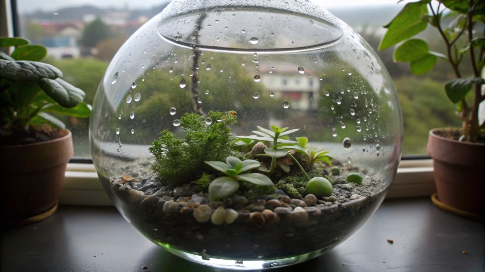 Terrário fechado com vidro limpo e gotas de condensação, mostrando equilíbrio interno.