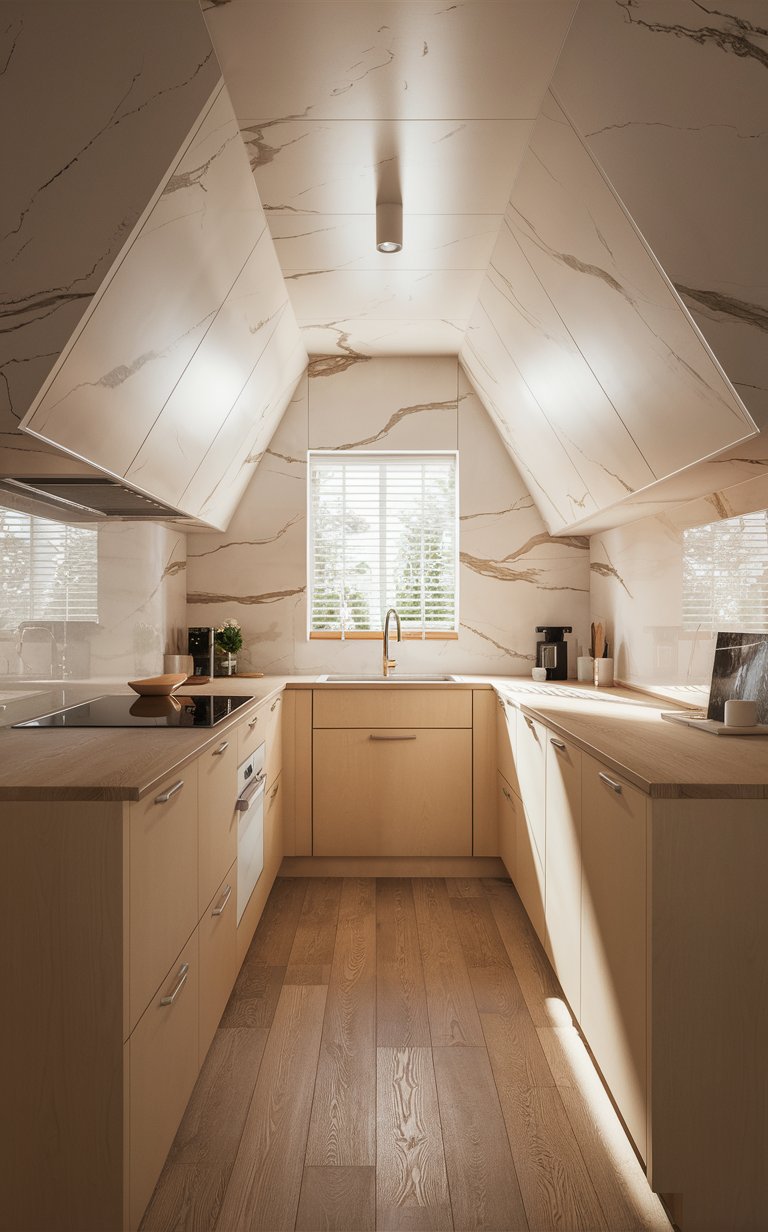  A marble-look backsplash adds an element of luxury to small kitchens without the high cost of real marble. Its sleek, glossy surface also reflects light, making the kitchen feel larger.