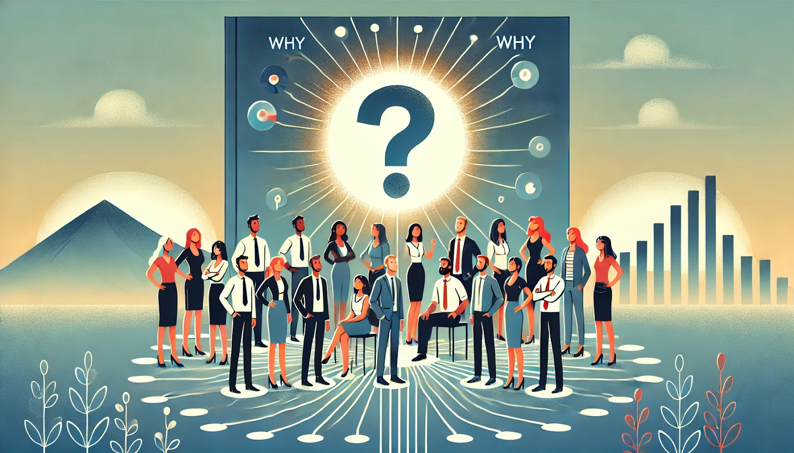 Eine Illustration einer Gruppe von verschiedenen Geschäftsleuten, die um ein großes, leuchtendes Fragezeichen herum stehen, das das "WARUM" in der Mitte symbolisiert. Im Hintergrund ist eine aufgehende Sonne zu sehen, die für Wachstum und das Aufkommen neuer Ideen steht, während die miteinander verbundenen Linien Stabilität und Kundentreue symbolisieren.