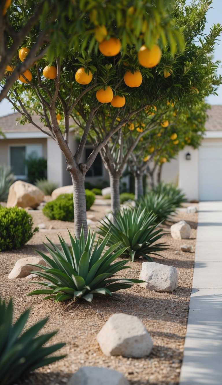 A row of citrus trees in a dry, landscaped front yard, surrounded by drought-tolerant plants and rocks