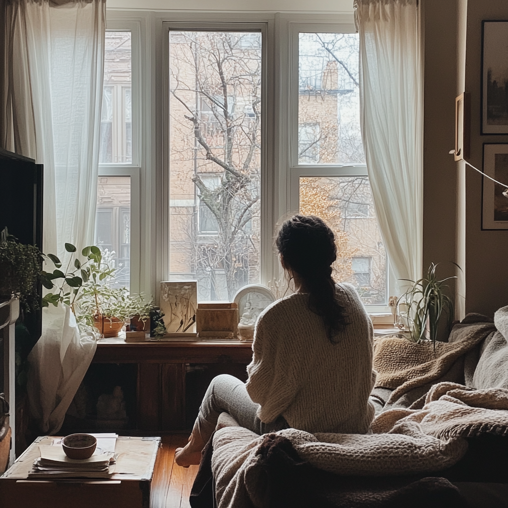 A woman sitting in her apartment | Source: Midjourney