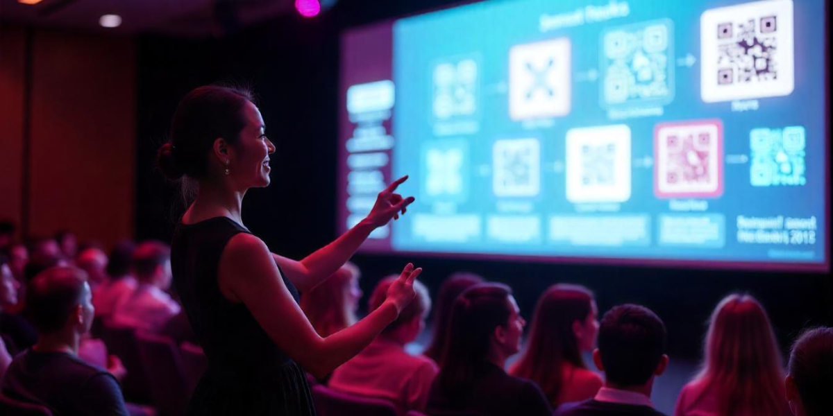 A woman at a marketing event about random QR Code generators.