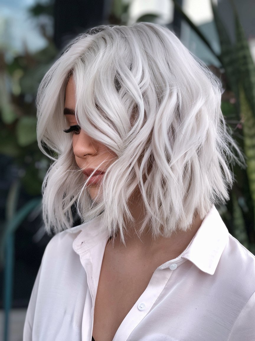 70. Platinum Blonde Wavy Bob with Layered Ends