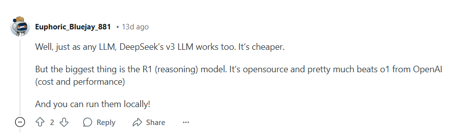 Reddit User on DeepSeek Performance