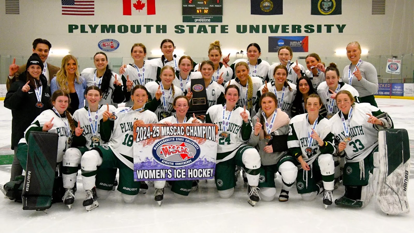 The victorious Plymouth State team poses with their championship banner.