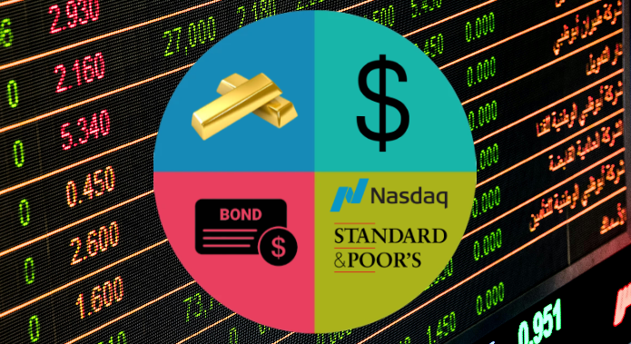 Permanent Portfolio strategy illustration showing diversified assets (stocks, bonds, gold, cash) for long-term stability and economic uncertainty.