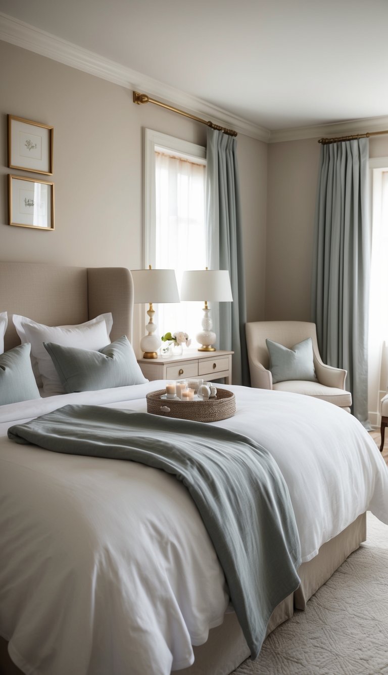 A cozy bedroom with French linen sheets draped over a neatly made bed, soft lighting, and elegant decor