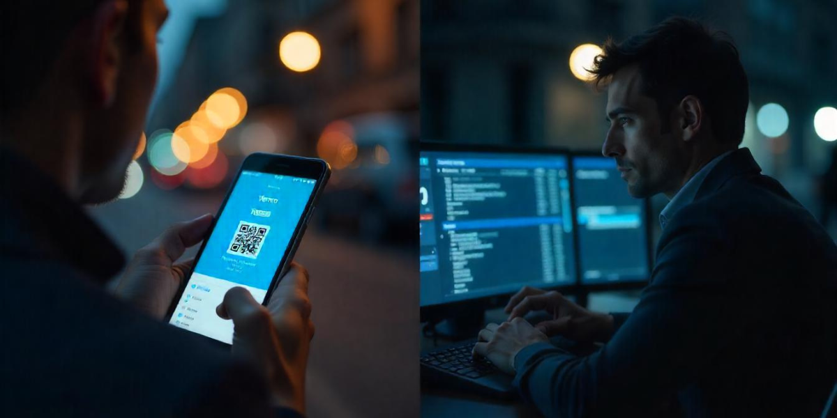 A man using a phone, while another man uses a computer.