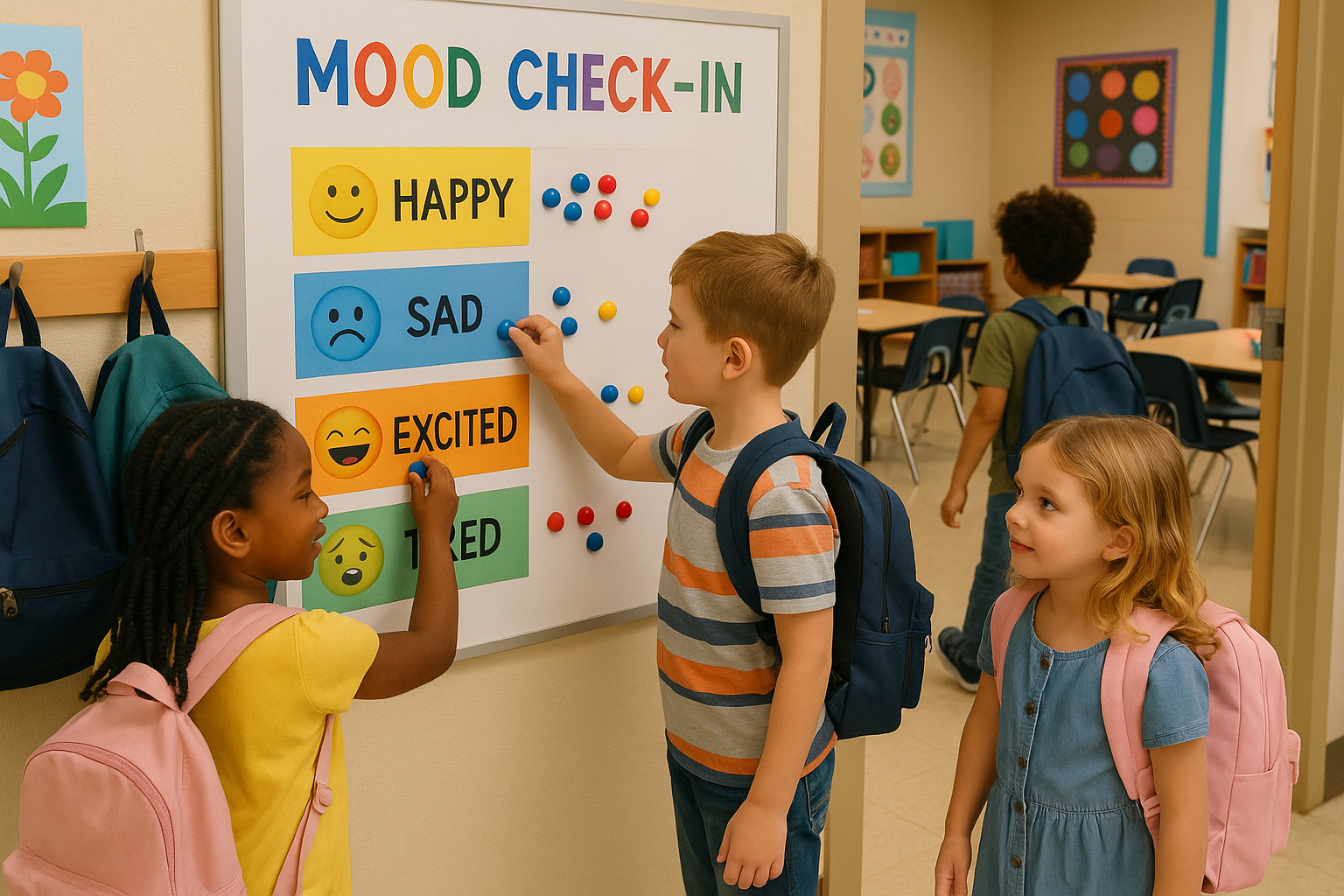 3 kids putting magnets on a mood check in board to represent how they feel