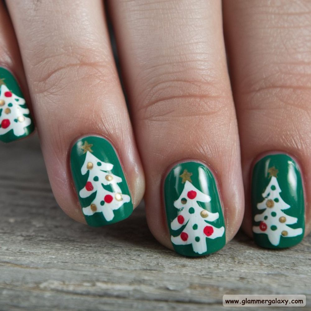 Classy Winter Nails having Christmas Tree Nail Designs
