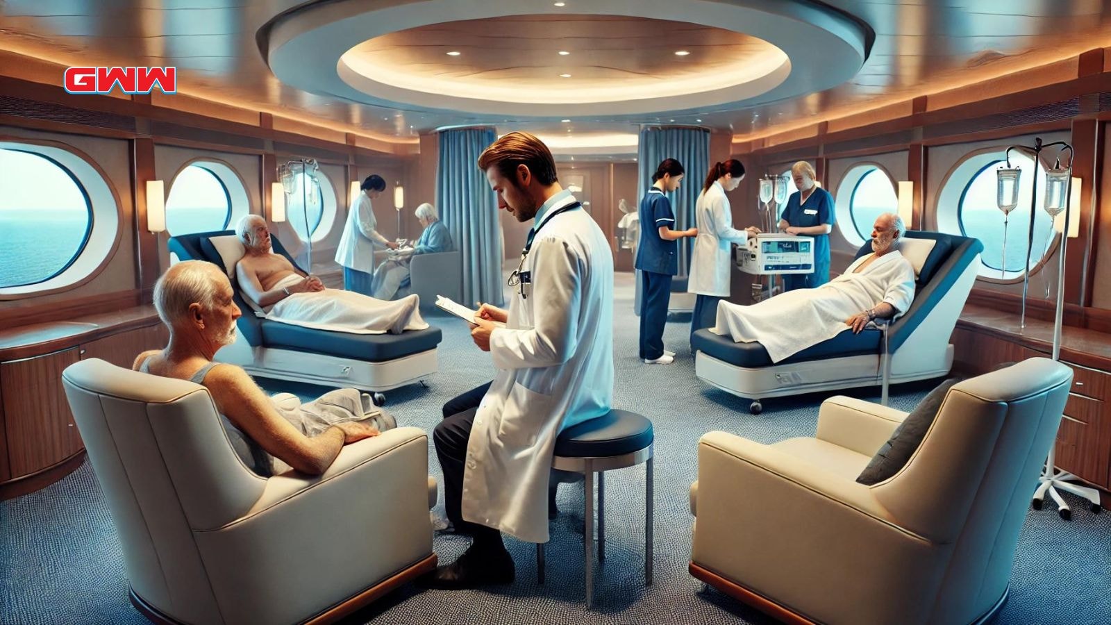  A scene inside a luxurious cruise ship room with a doctor and medical staff attending to patients.