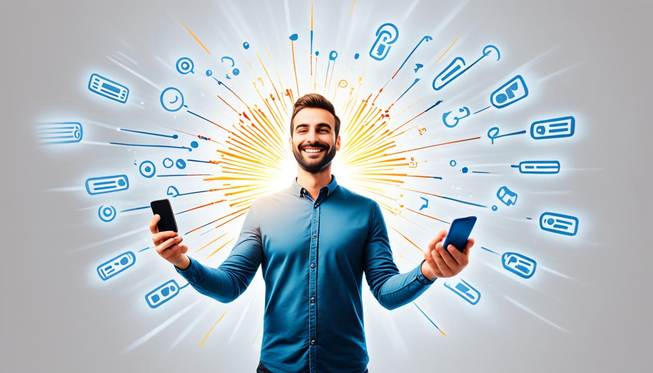 An image depicting the process of manifesting a text from a specific person, using Master Sri's method. Show the person visualizing and focusing their thoughts on the desired outcome, with energy radiating from their fingertips towards their phone. Show the phone receiving the message, with a bright light illuminating the screen. Finally, show the person smiling in satisfaction at their successful manifestation.