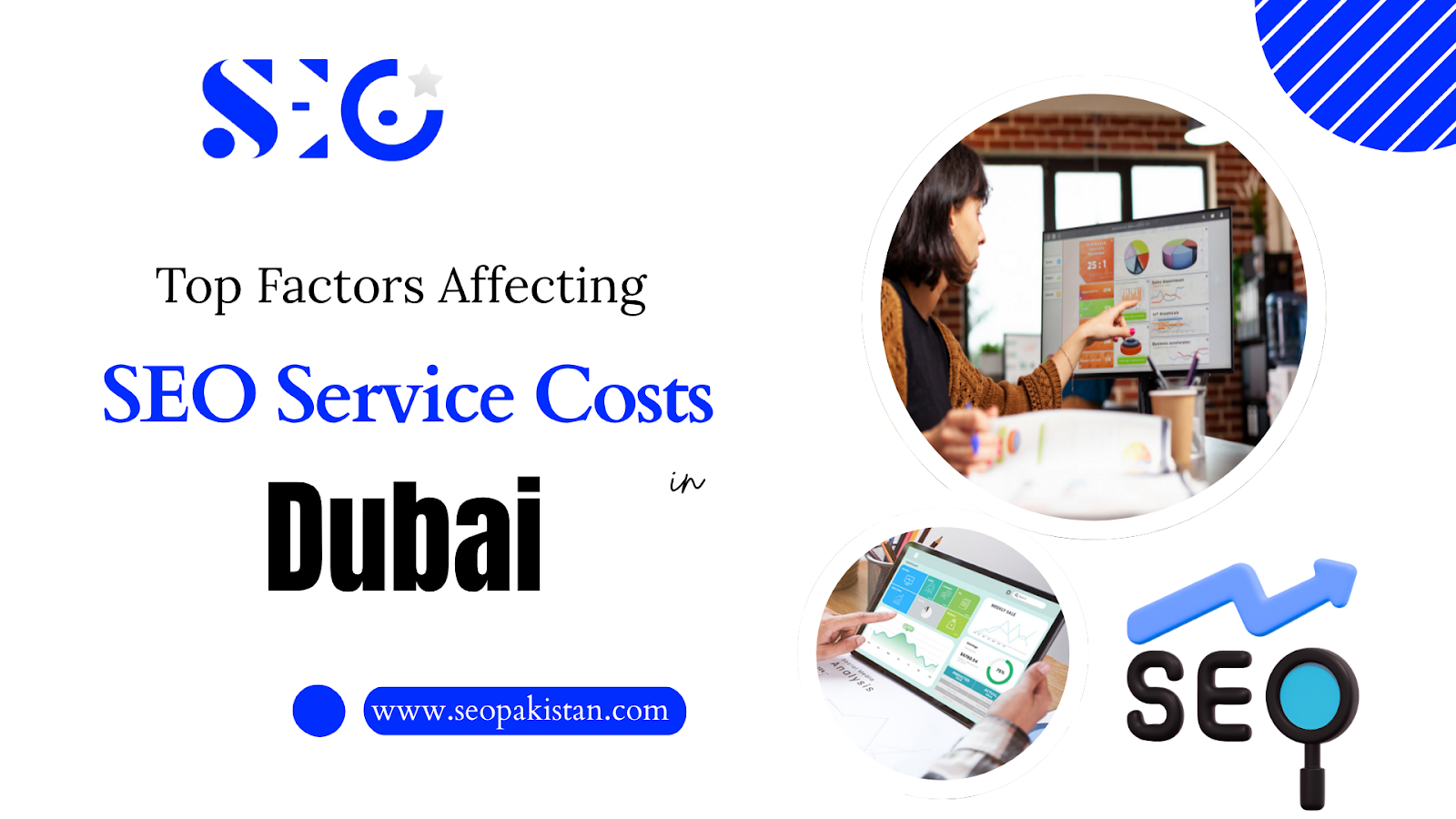 An infographic titled 'Top Factors Affecting SEO Service Costs in Dubai,' featuring the SEO logo, images of people working on computers with data, and an upward trending SEO arrow, with the website www.seopakistan.com at the bottom.