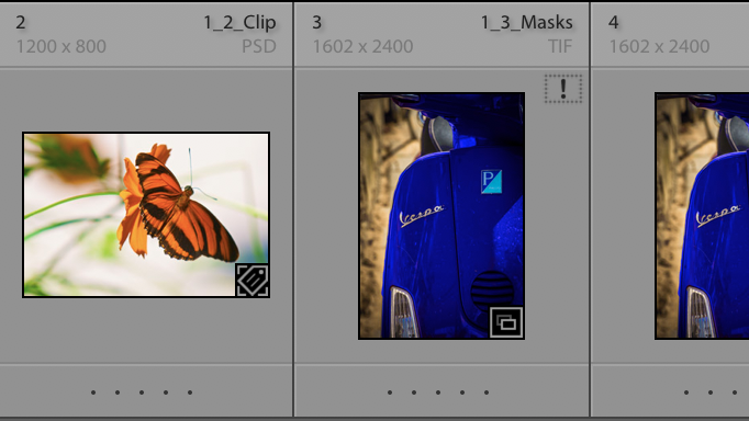 Two thumbnails, each with image data above including file name, size, and file type. The second thumbnail has an exclamation point icon beside its top-right corner