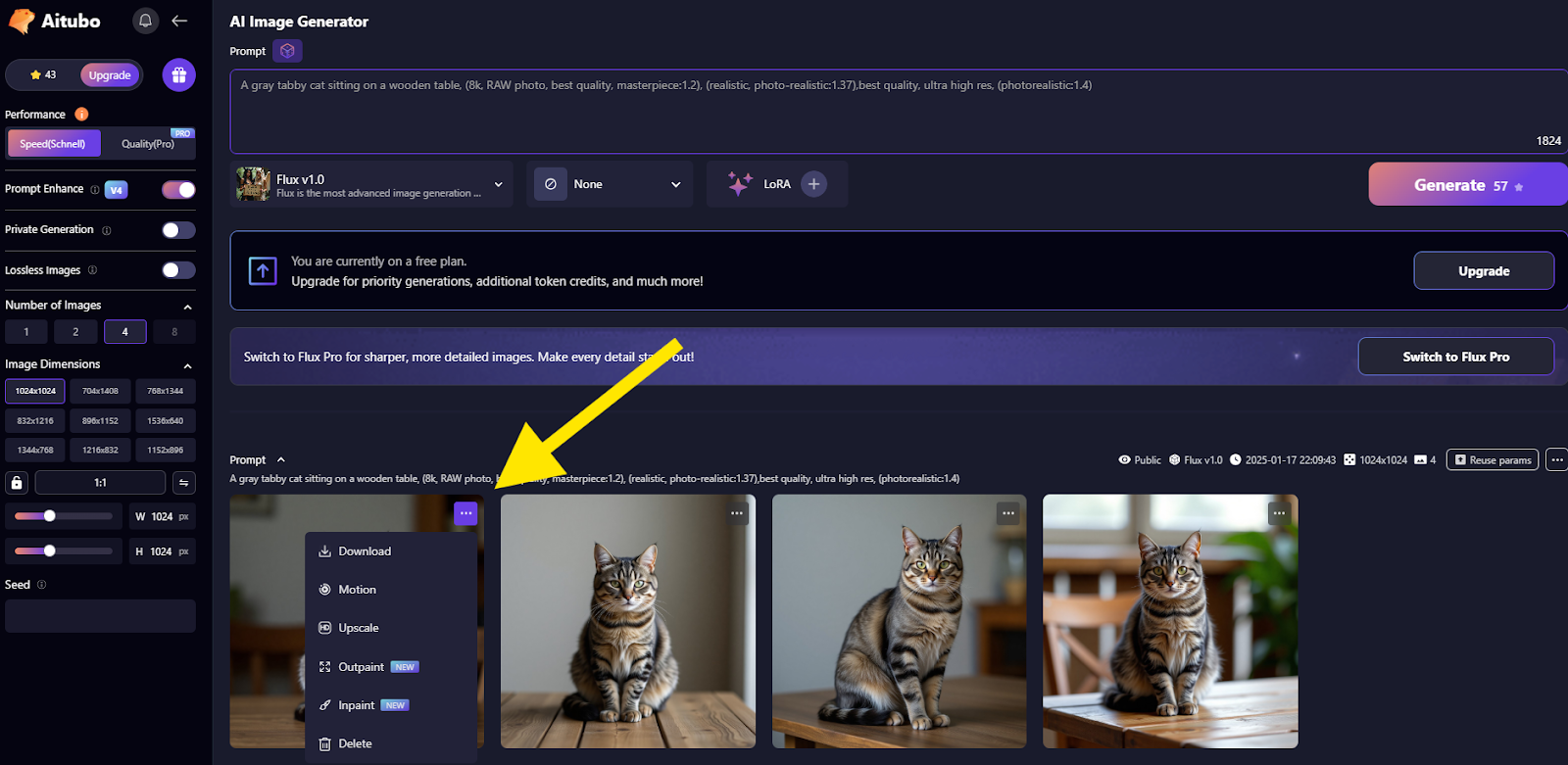 Aitubo interface showing the download option highlighted for a generated gray tabby cat image.