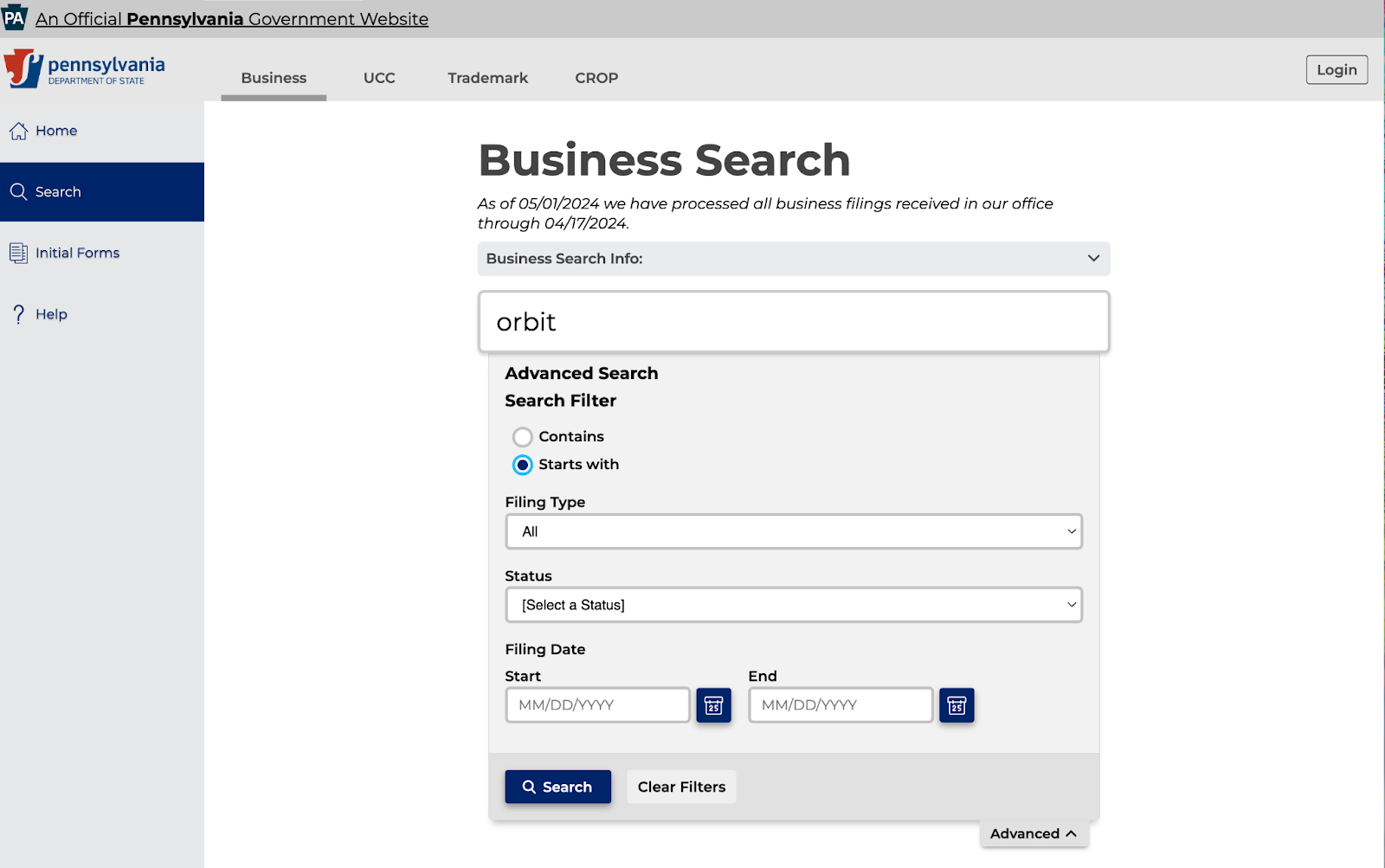 Screenshot of the Pennsylvania Department of State website advanced business search function