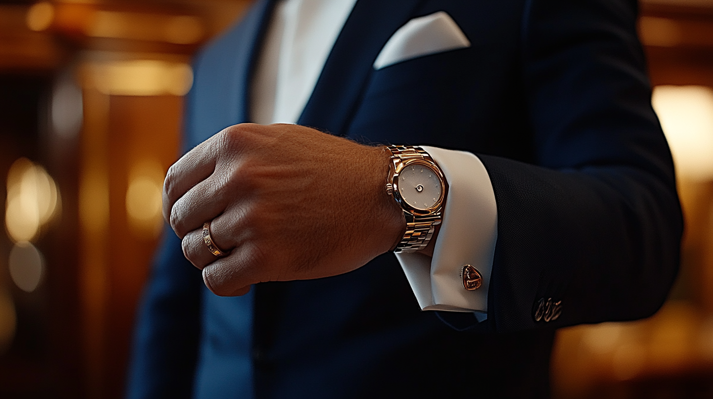 
A well-dressed man wearing a tailored navy blue wedding suit, elegantly accessorized with cufflinks. The cufflinks are simple yet refined, crafted in silver or gold, subtly complementing the suit without overpowering the look. The man adjusts his cuff, showcasing the fine details of the polished accessory. Soft lighting highlights the crisp dress shirt and rich navy fabric, enhancing the sophisticated wedding ensemble. The blurred background suggests a luxurious wedding venue with warm, ambient lighting. Photorealistic, ultra-HD, cinematic lighting.