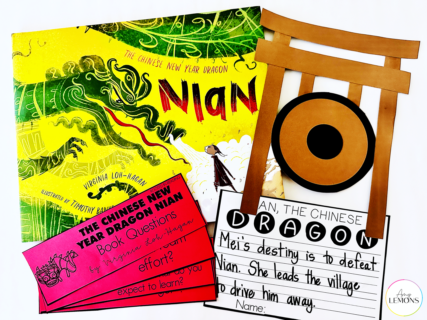 Nian, The Chinese Dragon Book with a dong craft, writing page, and book question cards to teach chinese new year to kids.