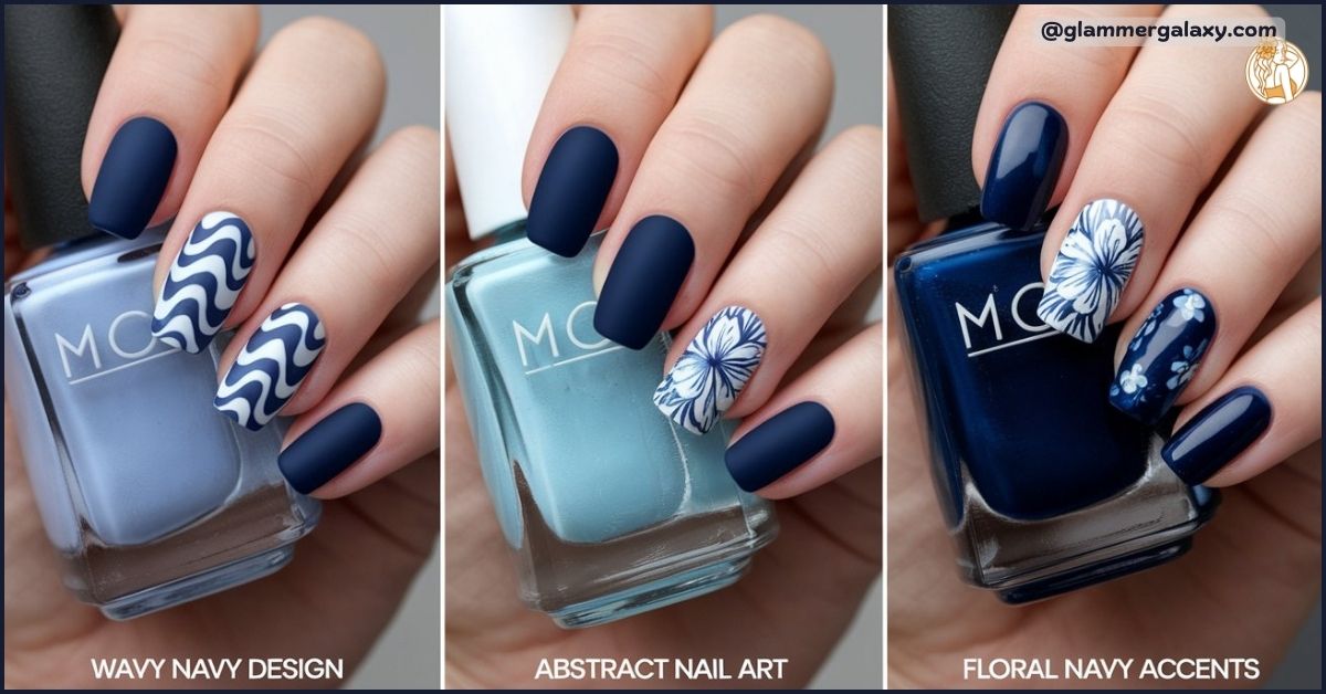 Three Navy blue nail designs "Wavy Navy Nails, Abstract Nail Art and Floral Navy Accents" are shown