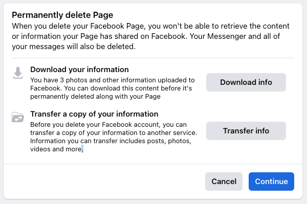 Facebook page permanent deletion confirmation screen