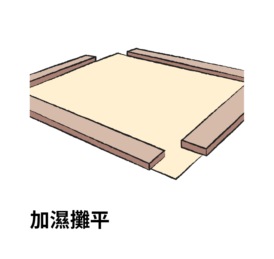 加濕攤平： 對捲曲或有摺痕的書頁，可使用超音波加濕器或吸水紙加濕後重壓攤平，使紙張恢復平整，減少纖維斷裂風險。