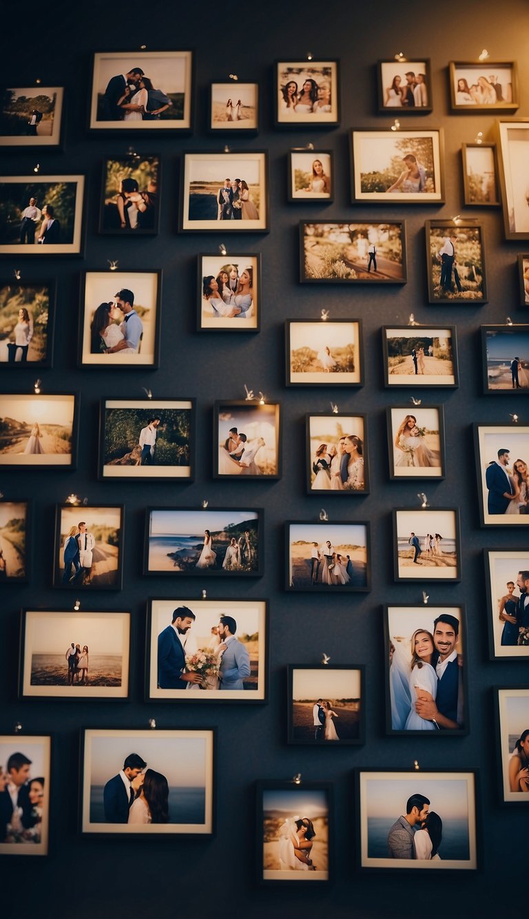 A bedroom wall adorned with photos of couples, each frame personalized with their names or special dates