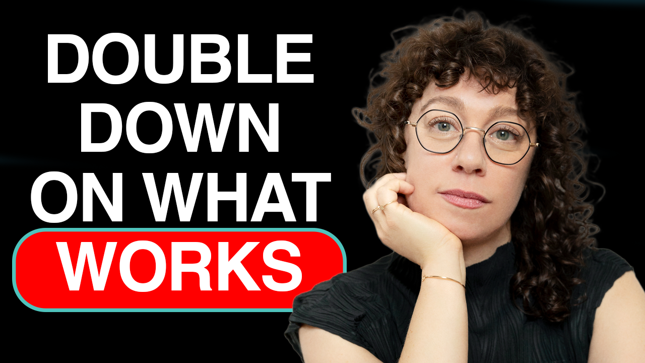 An example of a YouTube channel thumbnail for a podcast about podcast strategy, featuring a woman's face, black background  and bold text.