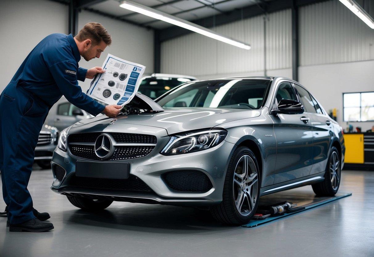 A Mercedes C Class vehicle being meticulously maintained and repaired by a skilled technician using a detailed service manual as a guide