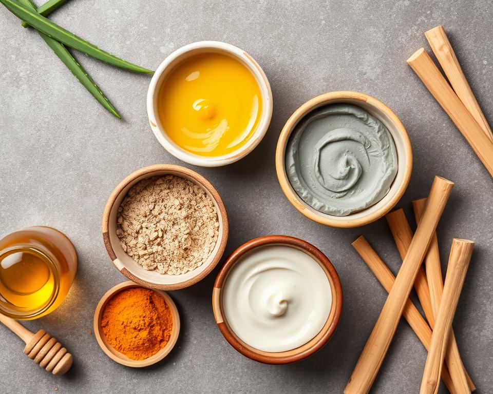 Various DIY aloe vera face masks in small bowls with ingredients