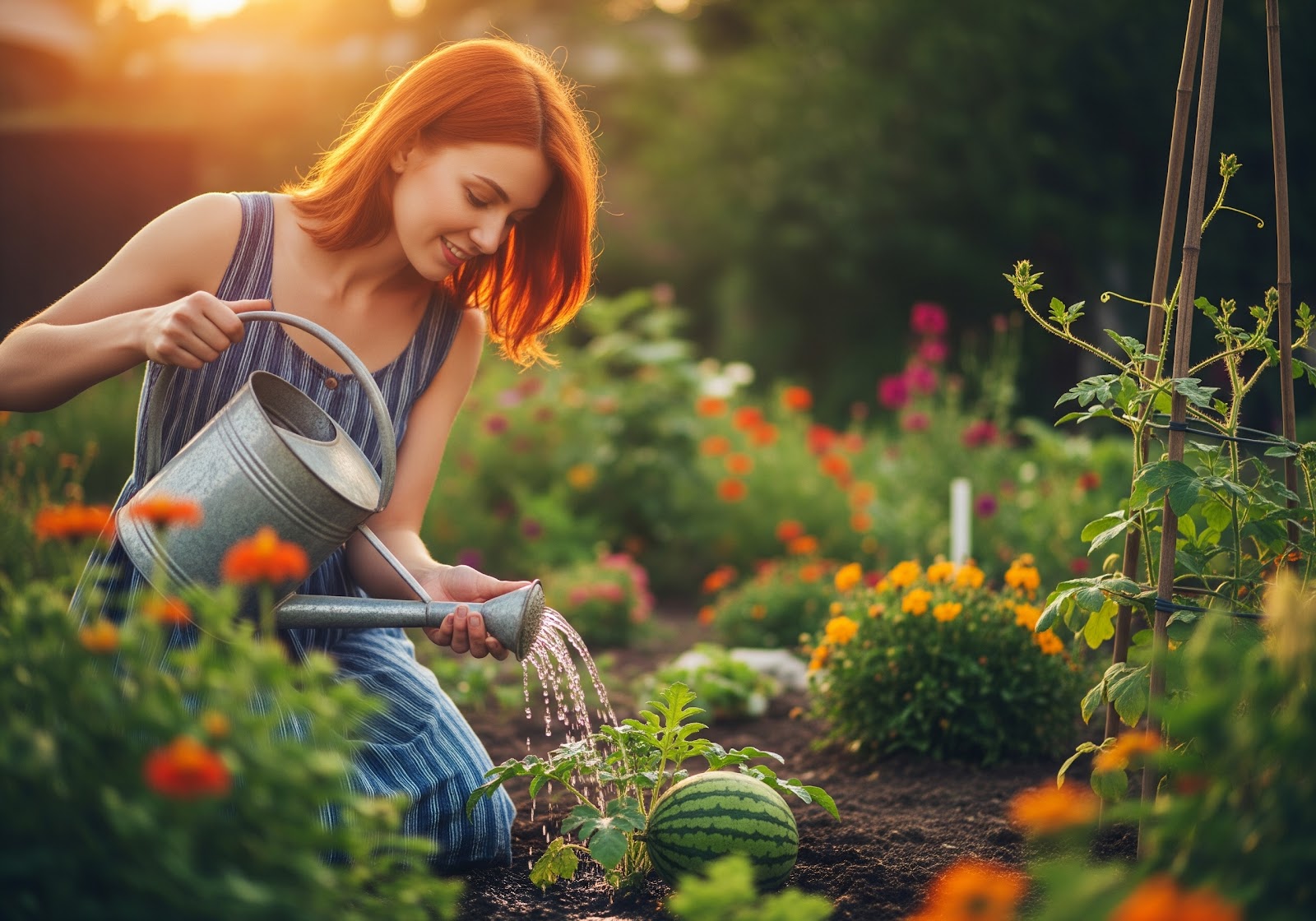 uma pessoa regando uma planta de melancia jovem em um jardim, com um regador