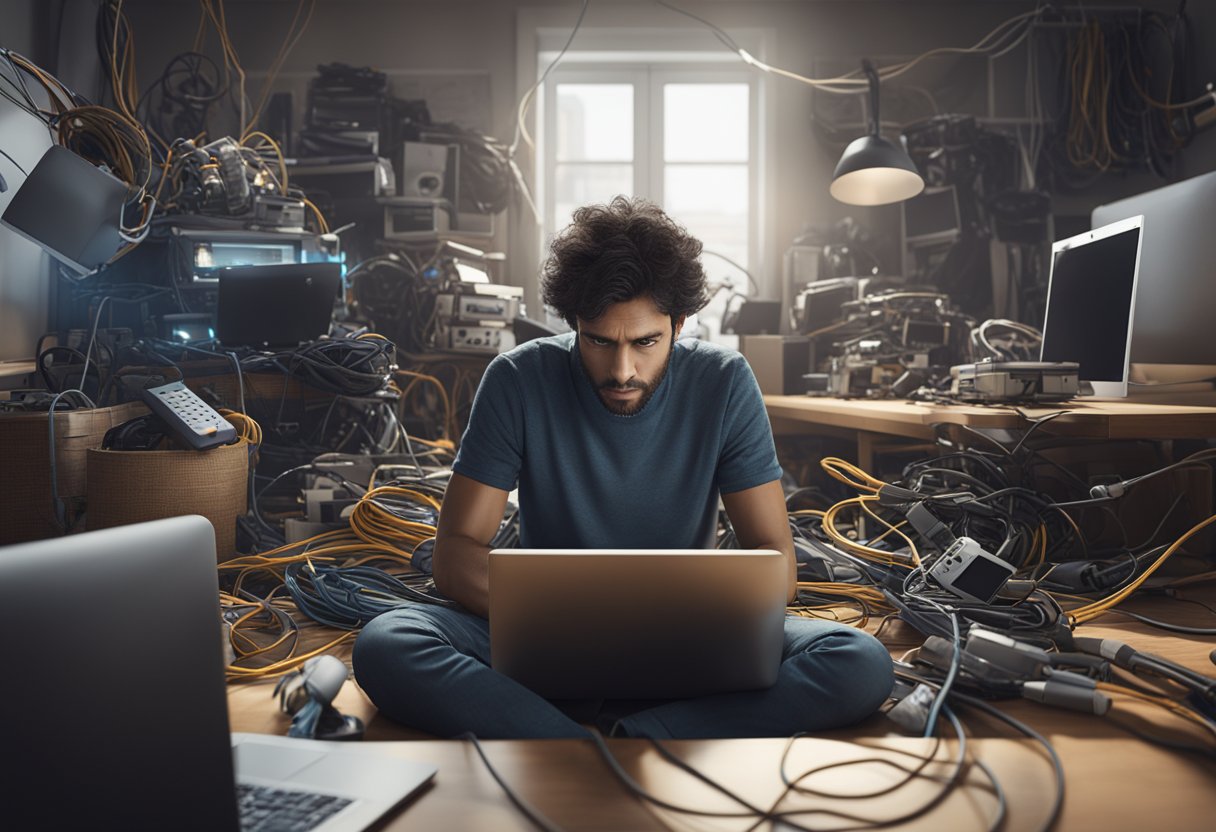 A person surrounded by various electronic devices, with a tangled mess of cords and cables, looking fatigued and stressed