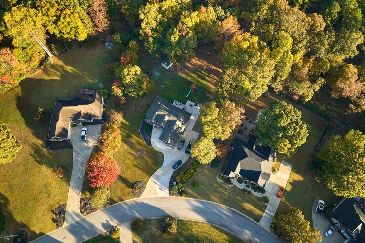 Aerial shot of the villa garden