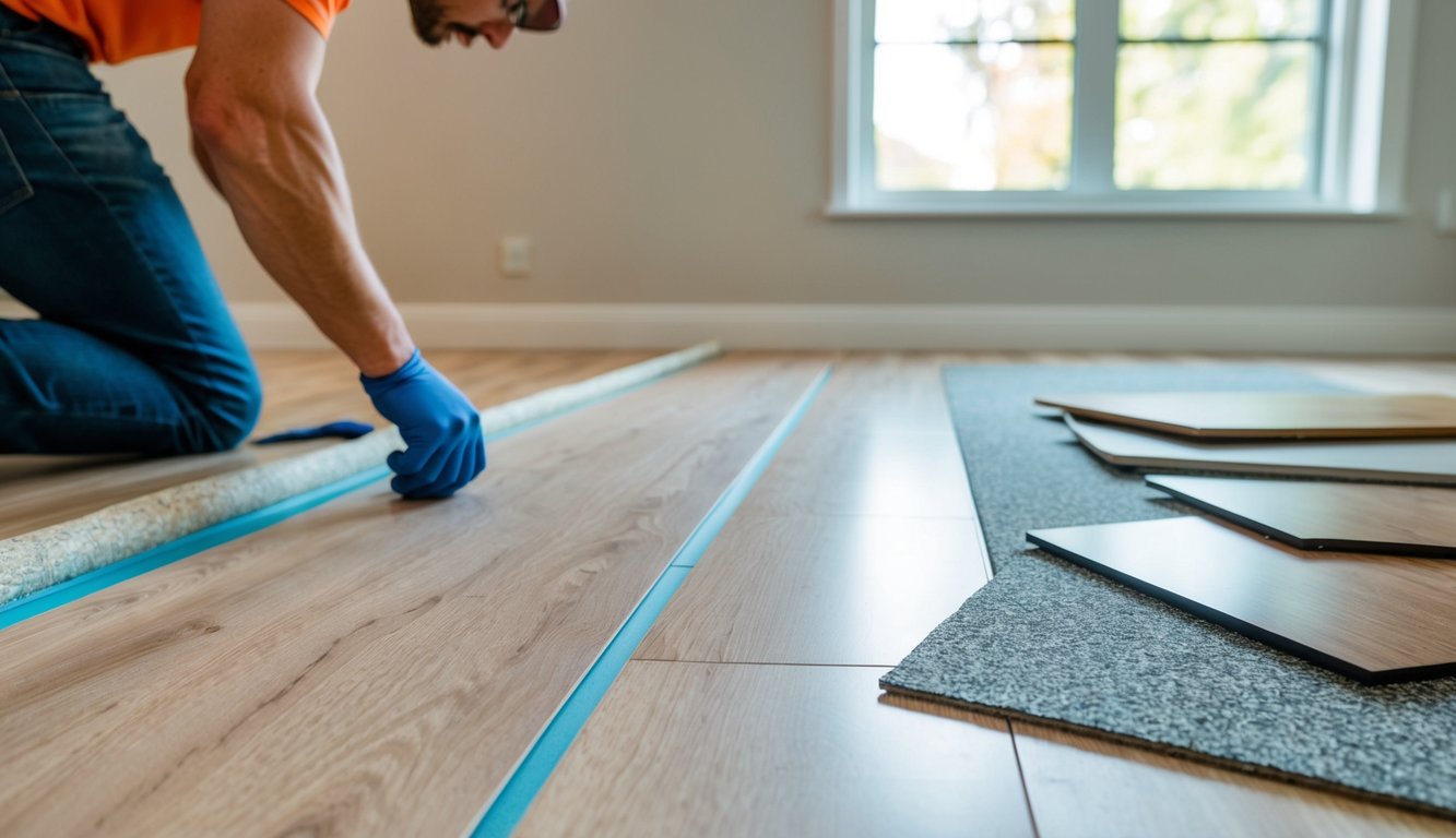 A room with LVT flooring being installed over underlay, with various types of LVT samples displayed nearby for comparison