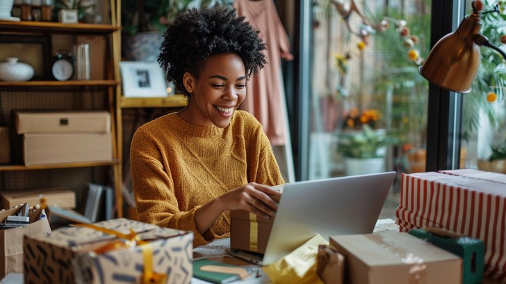 Smiling Black woman using a laptop surrounded by parcels in a cozy, plant-filled home office