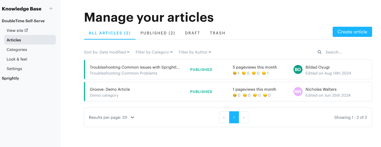 You can manage articles within Groove, create and sort, and edit SEO settings for the SERPs. 