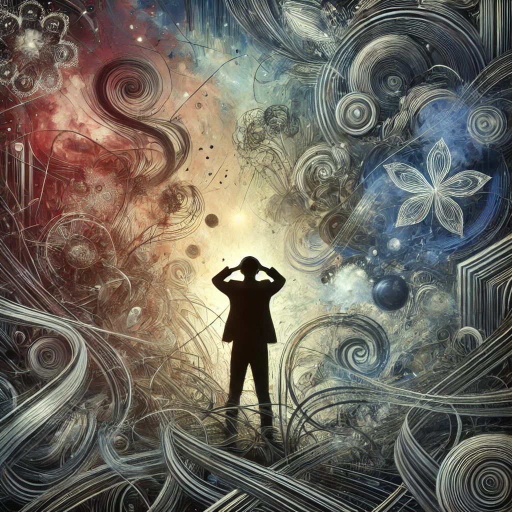 A person standing with their hands on their head, surrounded by swirling, chaotic elements like abstract shapes, tangled lines, and overlapping patterns, symbolizing confusion and mental overwhelm. The background is a mix of dark and muted colors, representing the heaviness of feeling overwhelmed. The person's expression shows a sense of being lost and struggling to find clarity, while a faint, distant light shines in the background, hinting at the possibility of finding a way out of the chaos.