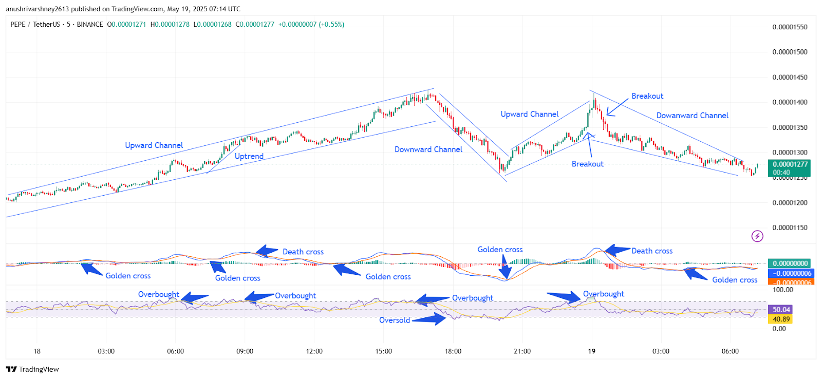 PEPE/USDT M5 Chart, Analysed By Anushri Varshney, Published on TradingView, May 19, 2025