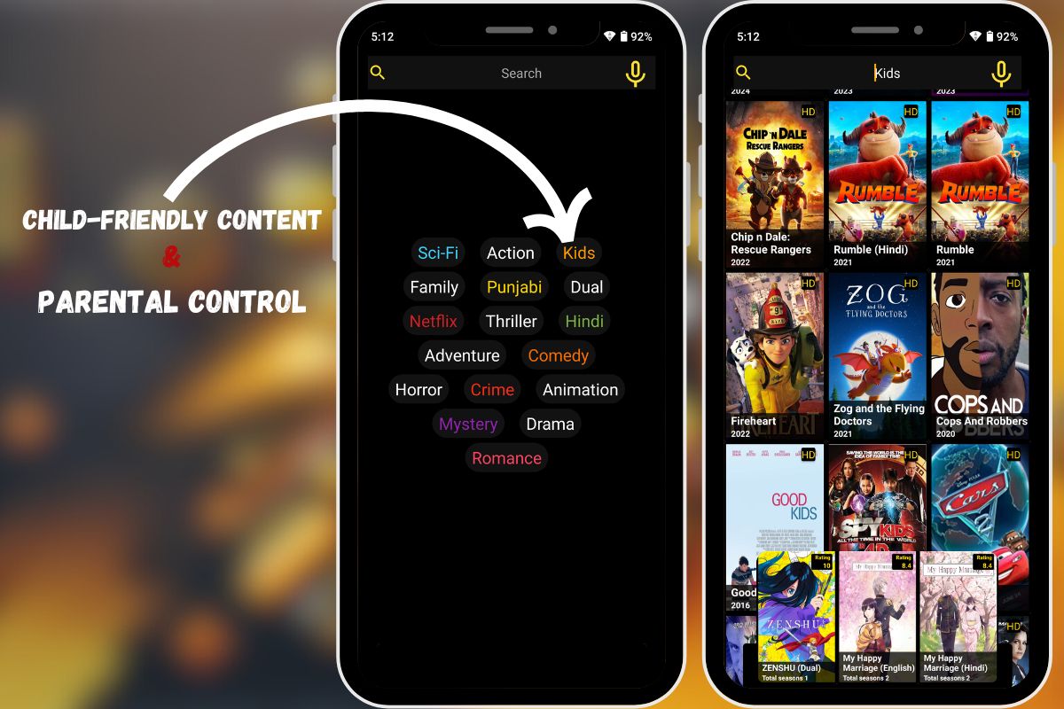 Mobile app interface showcasing child-friendly content categories and parental control options for safe viewing.