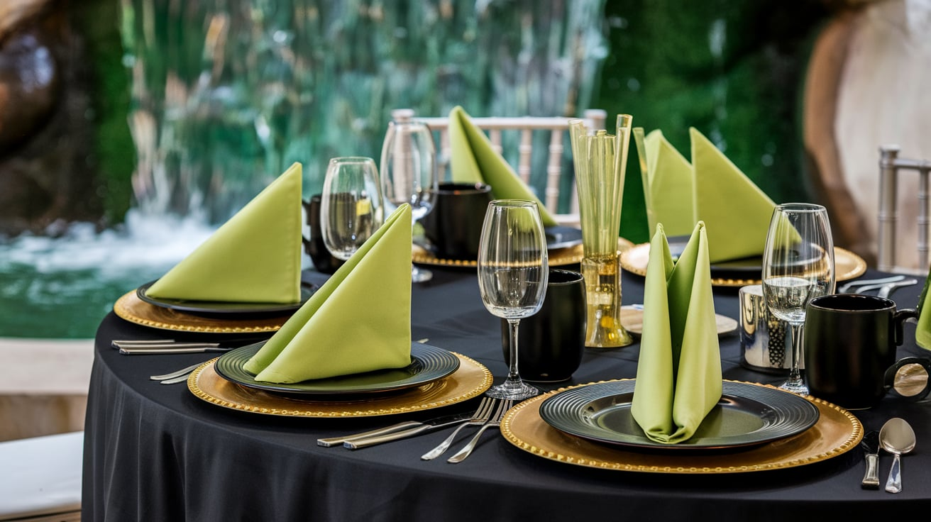 Black table cloth green waterfall napkins gold charger