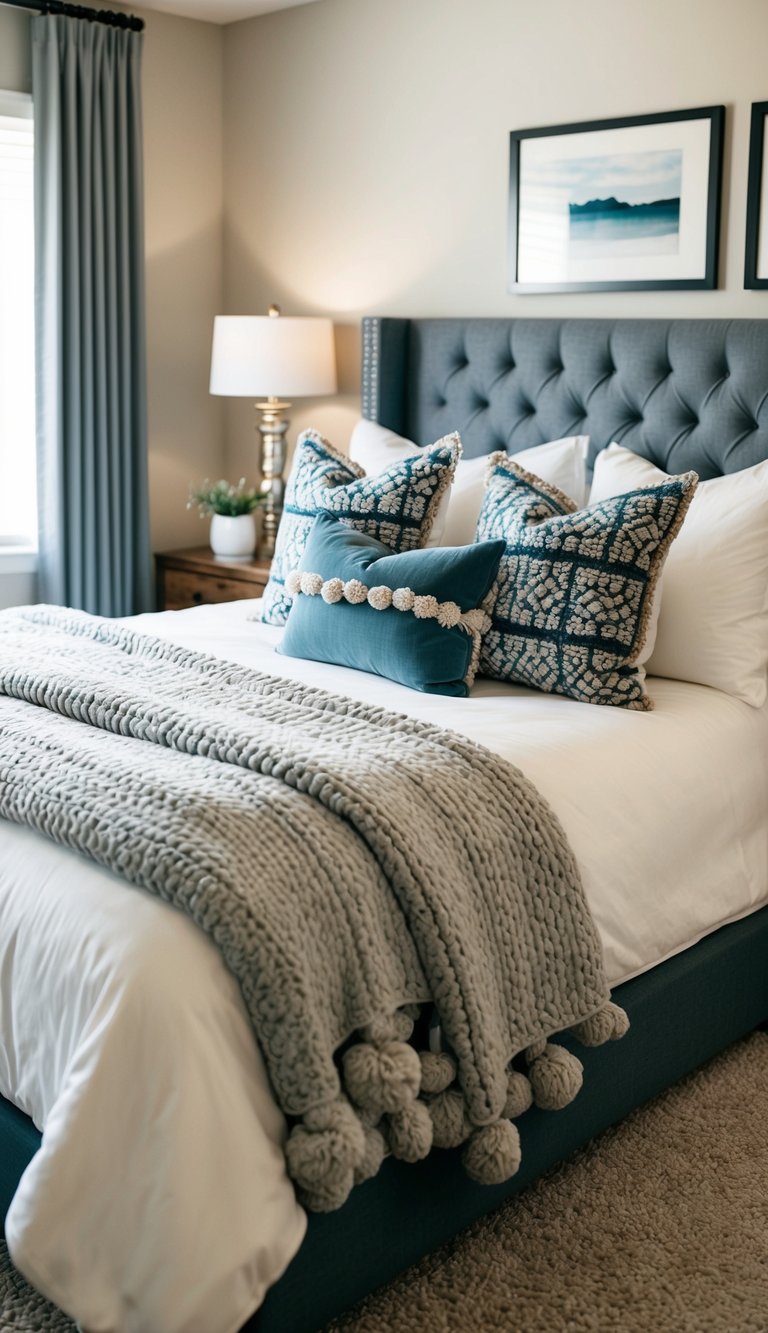 A cozy bed with layered plush blankets and decorative pillows in a well-lit guest bedroom