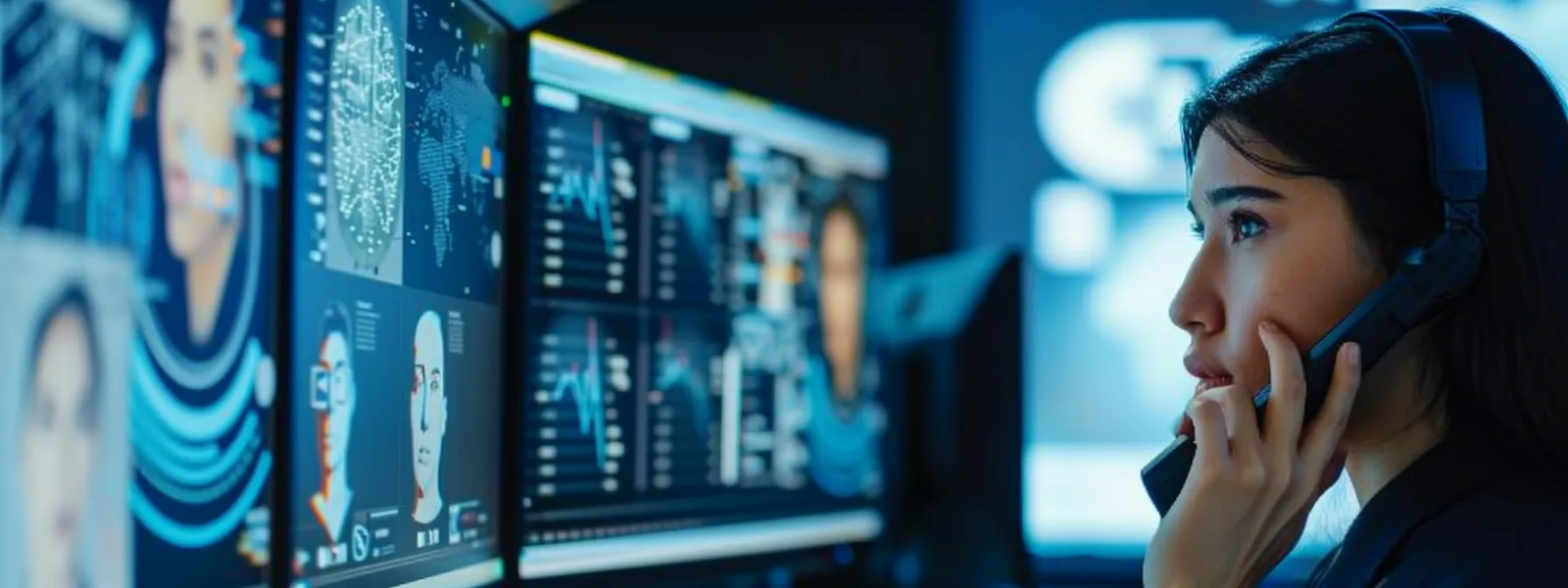 An employee working at a desk, using contact center software to enhance agent performance and collaboration in a cloud-based system.