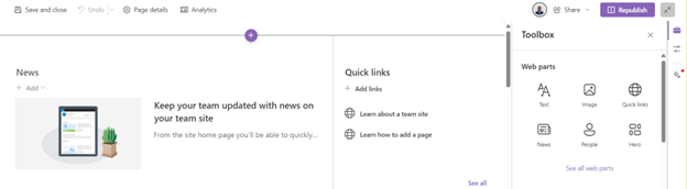 The SharePoint interface showing the options to edit a page, including adding web parts like text, images, and quick links.