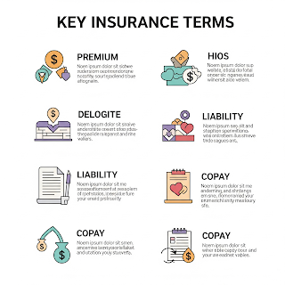Infographic explaining vehicle insurance terms including premium, deductible, and liability coverage.