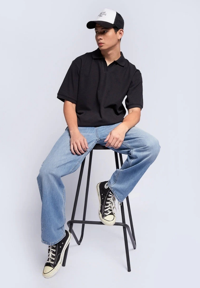 Black Short Sleeve Textured Polo Shirt