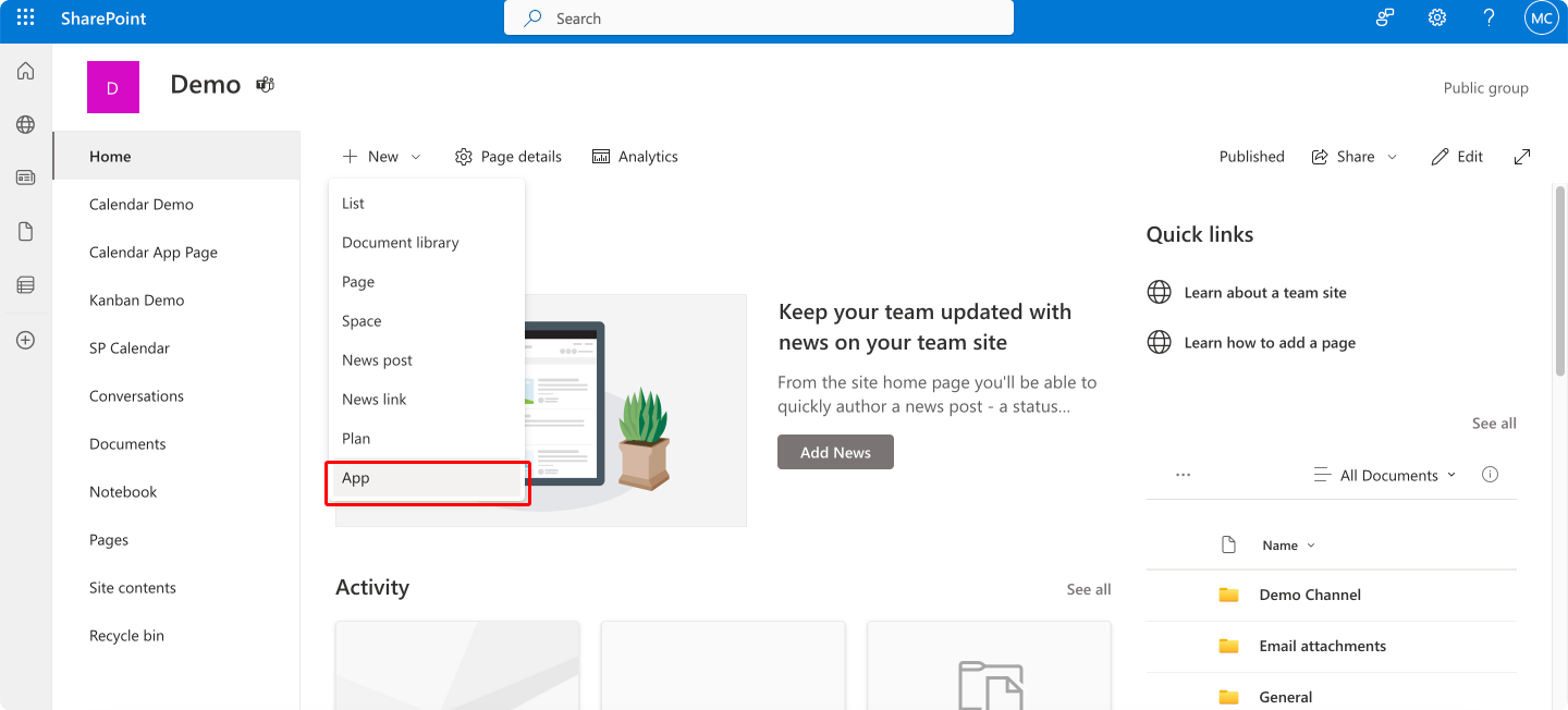 Pic. 1. Adding a new app to your SharePoint site. 