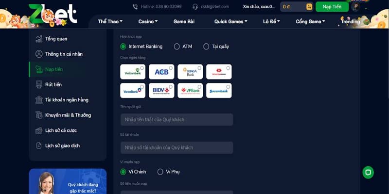 Phương pháp nạp tiền vào Zbet