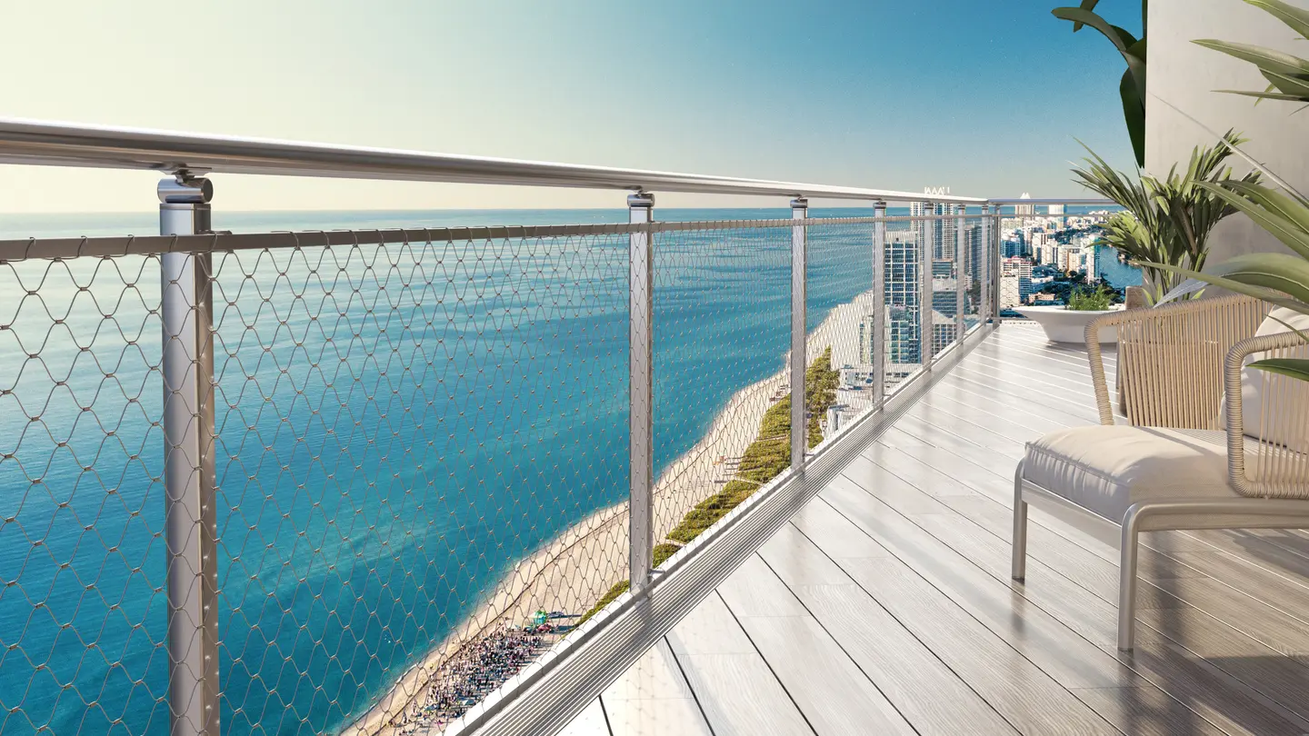 A cablenet railing system on the balcony of a beach resort. 