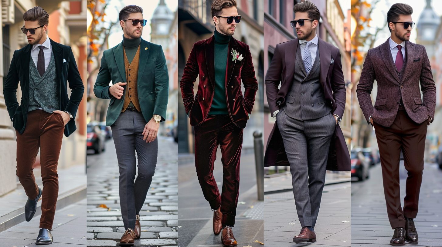 Create stylish, modern men’s cocktail outfit visuals using the following unique styling ideas: Velvet Blazer: A man wearing a velvet blazer in burgundy, emerald, or navy, paired with dark trousers and dress shoes elegant and textured. Turtleneck Instead of Shirt: A sleek man in a slim turtleneck layered under a tailored suit, perfect for fall/winter settings. Printed Shirt or Tie: A stylish man in a classic suit with either a subtle patterned shirt or a bold printed tie--balanced with simple accessories. Monochrome Look: A fashion-forward man wearing an all-grey or all-navy outfit in varying tones for a cohesive, confident style. Statement Shoes: A refined man in a basic suit upgraded with standout leather or suede loafers in deep or textured colors. All visuals