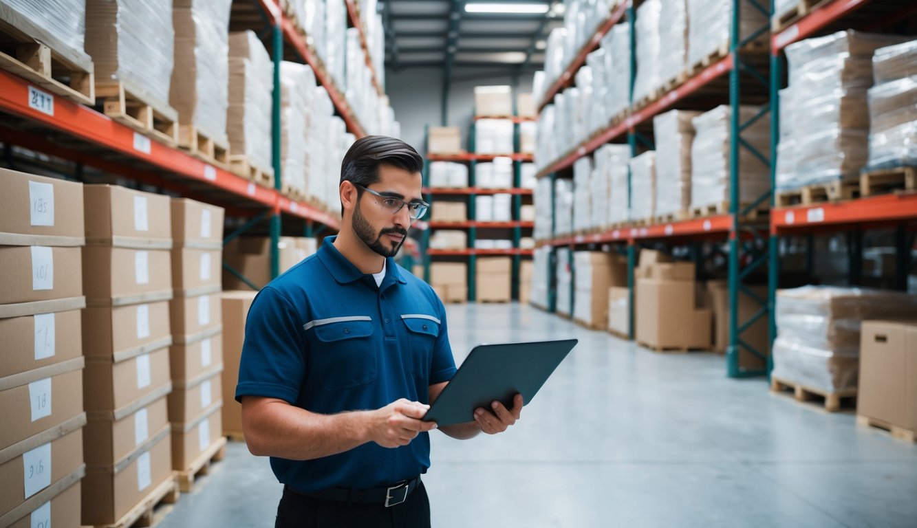 A warehouse manager reviewing inventory levels and calculating removal order fees