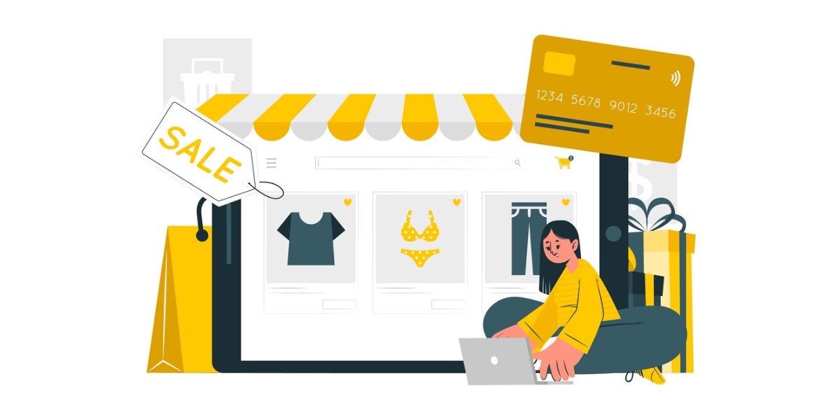 a woman on her laptop near a shop